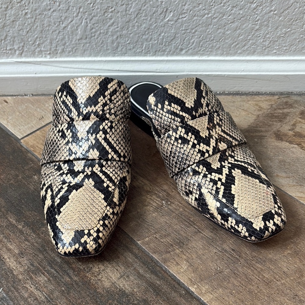 Rag & Bone Cream and Black Mules with Snakeskin Print
